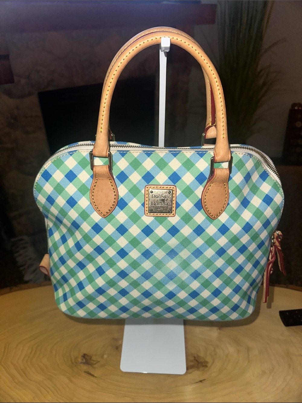💙💚🤍Dooney & Bourke Blue and Green Gingham Satchel with Tan Trim